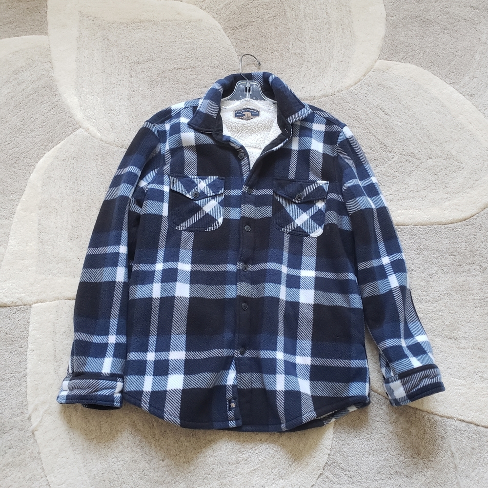 Navy Blue and White checked shirt jacket - Sherpa Fleece Shacket - Sz Medium